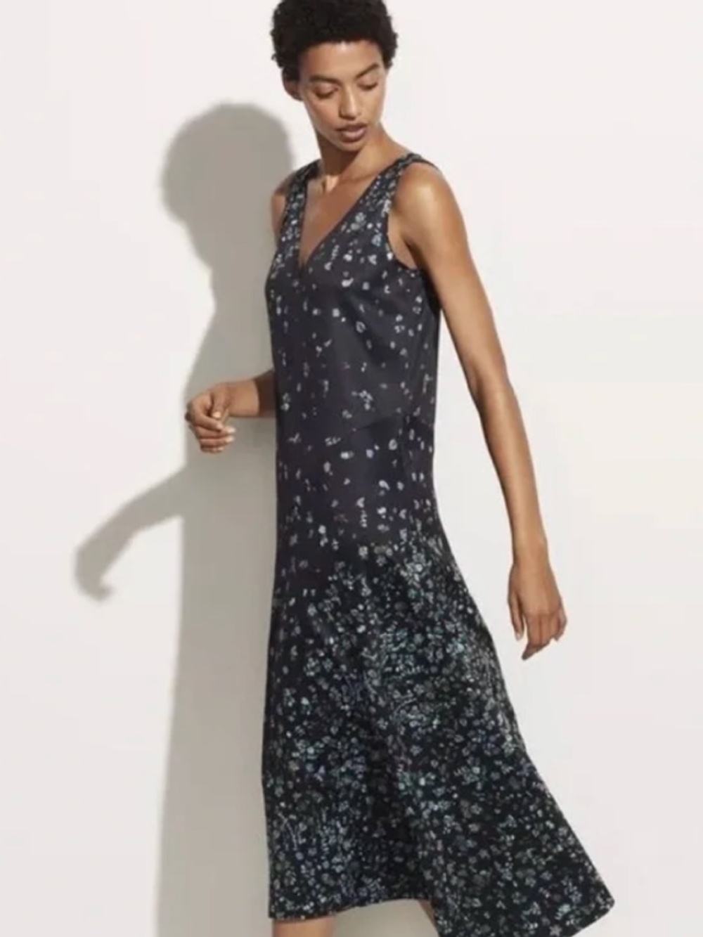 Vince | Floral Satin Asymmetrical Midi Dress | Black | Size Small